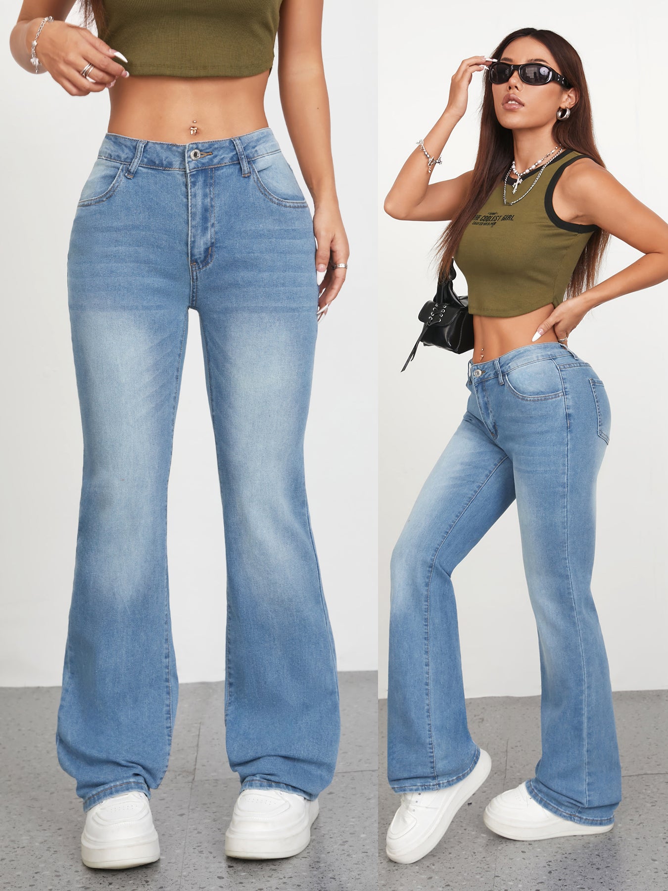 Flvsun women's low rise flared bell bottom jeans in light wash, stretchy denim, perfect for casual wear.