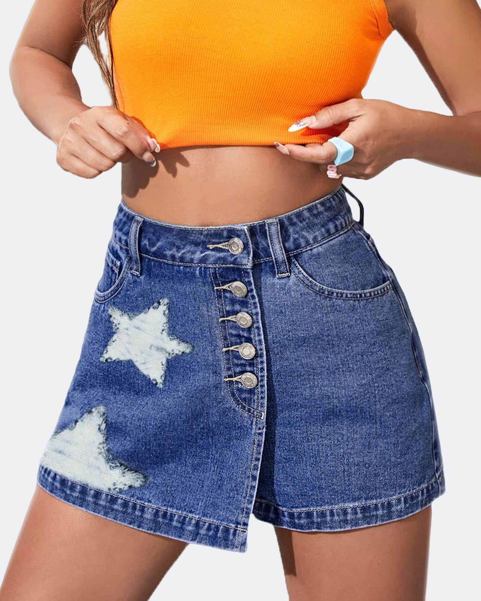 Flvsun women's high waisted denim skort shorts with star print and button detail, perfect for casual summer styling.