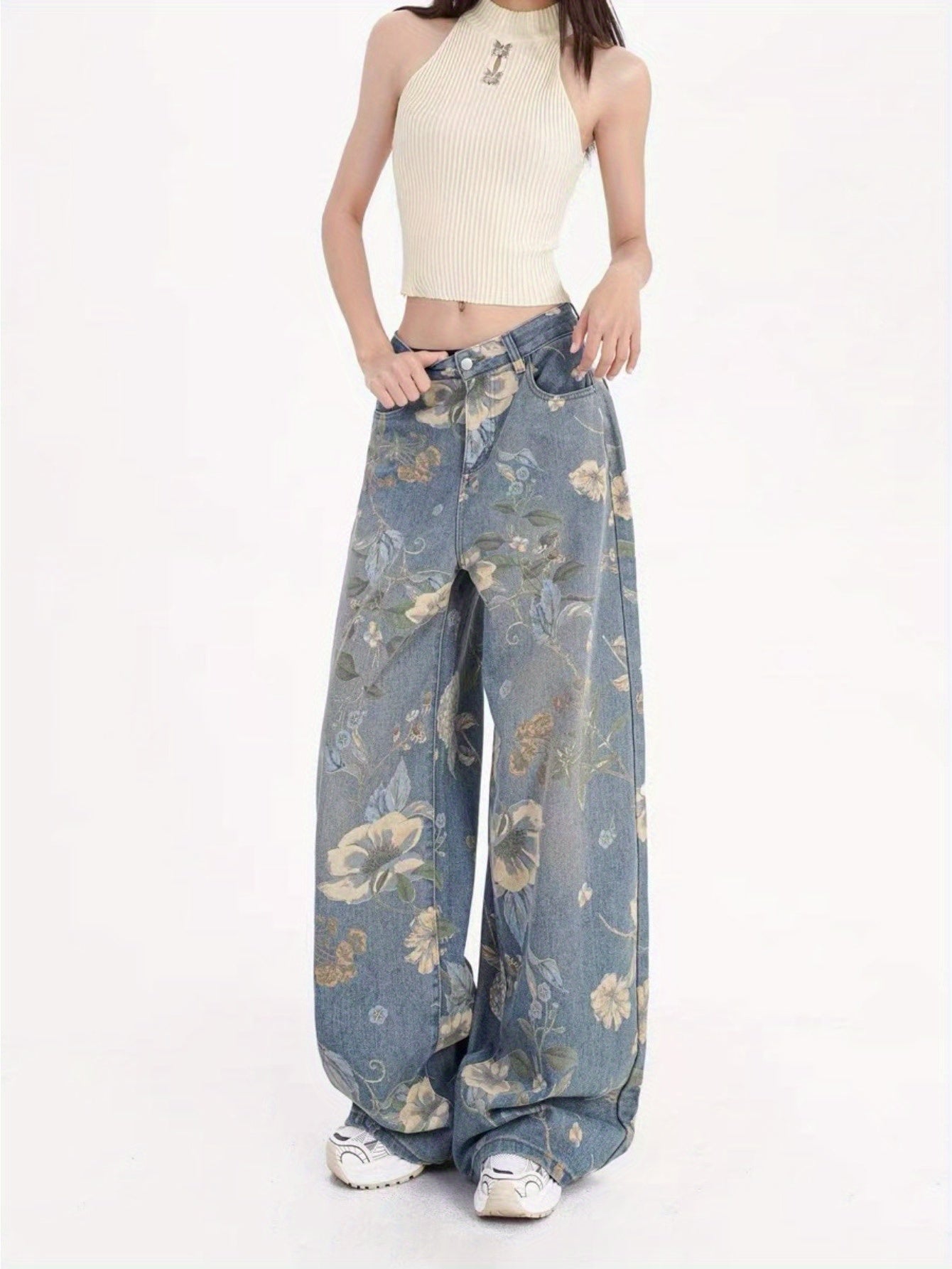 Flvsun wide leg high waist baggy jeans for women with floral design, perfect for casual Y2K fashion.