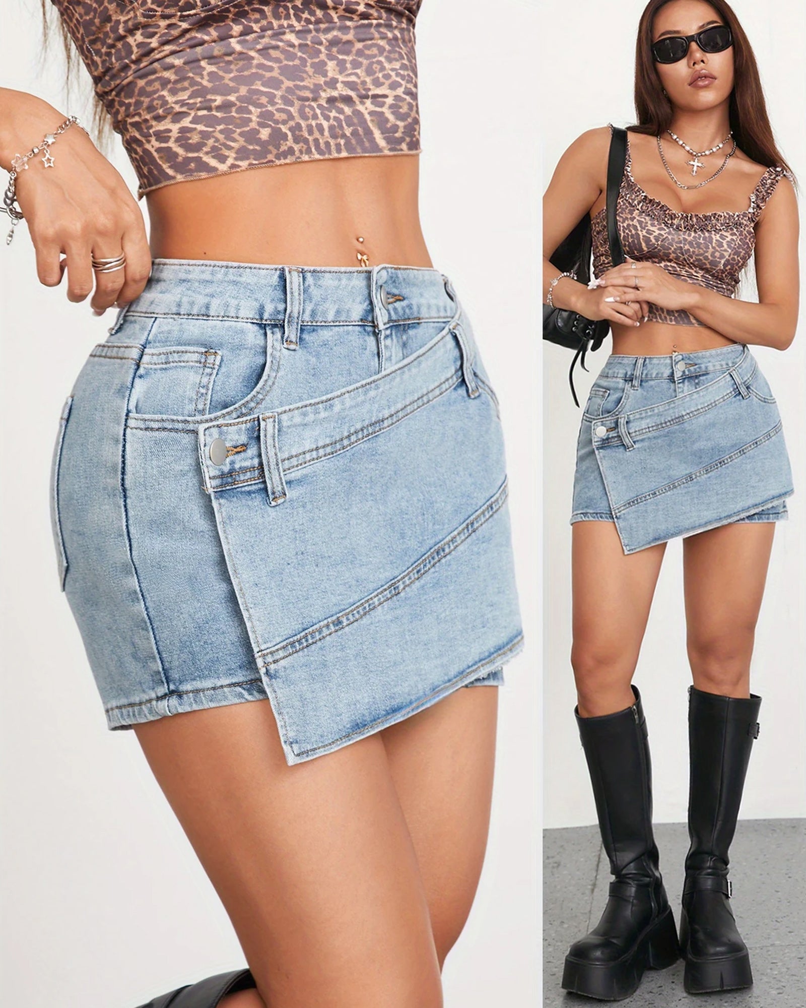 Flvsun-Women's Denim Skort High Waisted Casual Denim Shorts Ripped Raw Hem Shorts